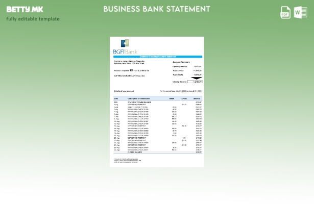 Модерен стил BGFI деловен извод од банка Шаблон за формат Word и PDF